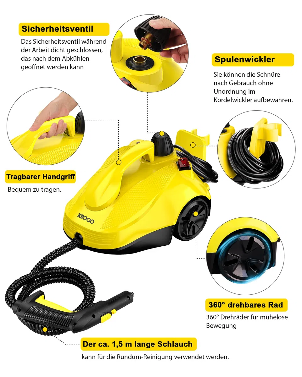 Pulitore a vapore da 1500 W con 24 accessori con cavo da 5 m, scopa a vapore senza sostanze chimiche per piastrelle e fughe, piano cottura, cappa, divano, tappezzeria auto e finestre