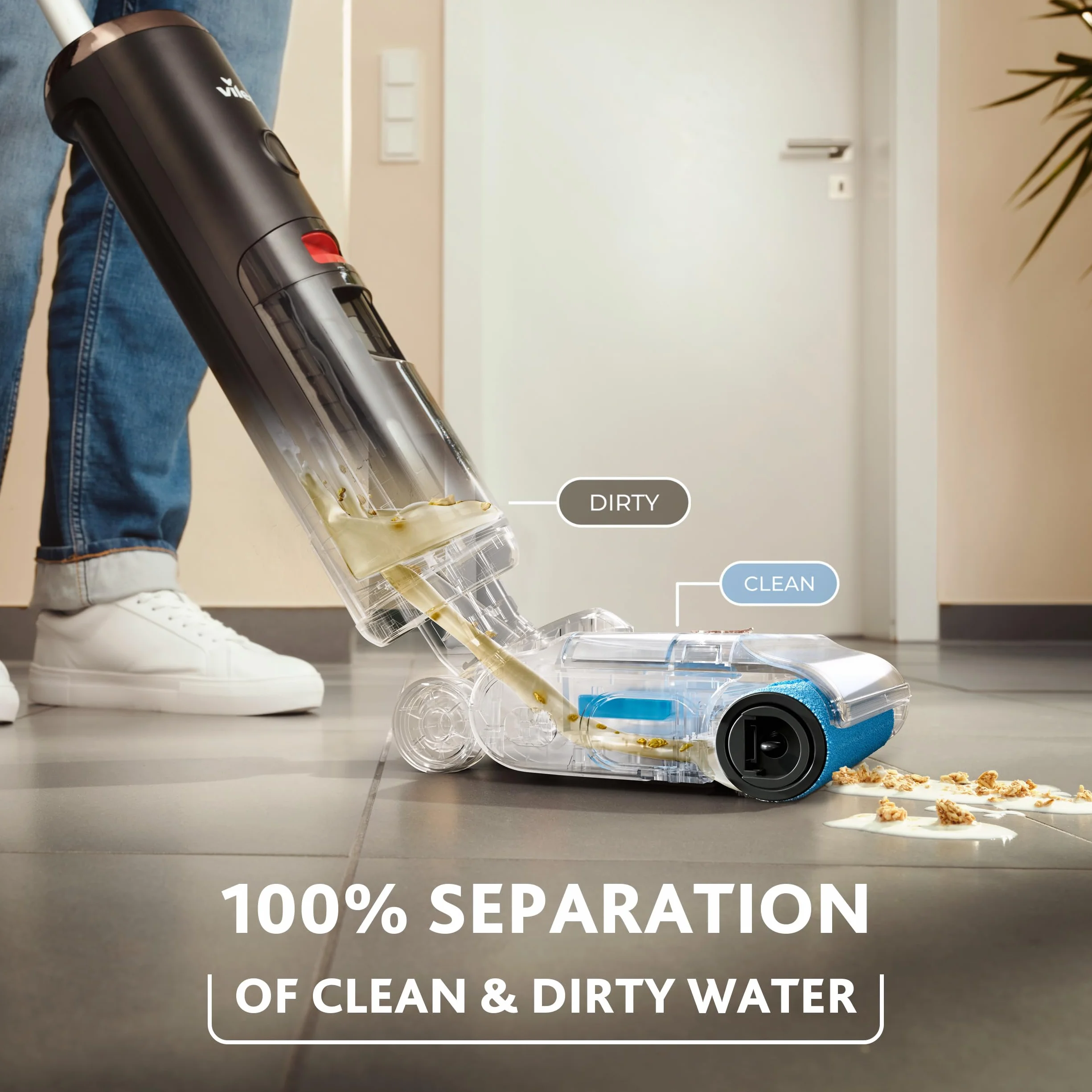Vileda PureClean S5 - Aspirapolvere a secco con accessori (2 rotelle, 2 filtri), senza fili a batteria con doppio serbatoio e separazione dell'acqua al 100%, leggero, per tutti i pavimenti, 180 m² con