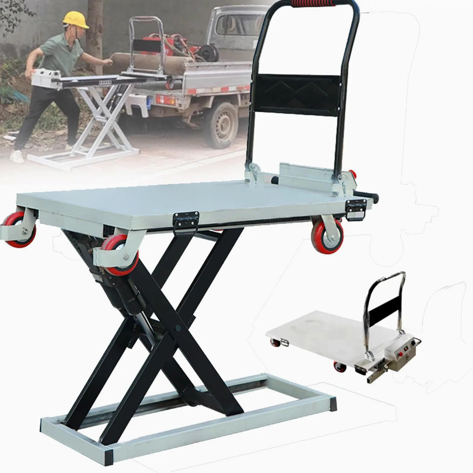 Carrello idraulico a forbice, capacità 300 kg, altezza di sollevamento 98 cm, piattaforma elevatrice a 4 ruote per una facile movimentazione dei materiali e trasporto