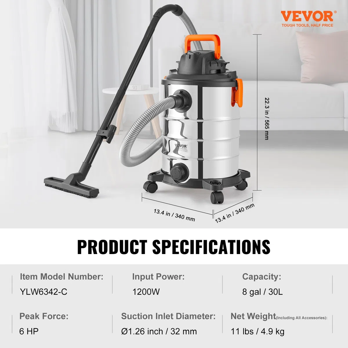 VEVOR Aspirapolvere per umidi secchi 30 L, Aspirapolvere portatile in acciaio inox per officina garage, 6 HP max, Aspirazione con ugello, rotelle, per tappeti, detriti, peli di animali, Nero argento
