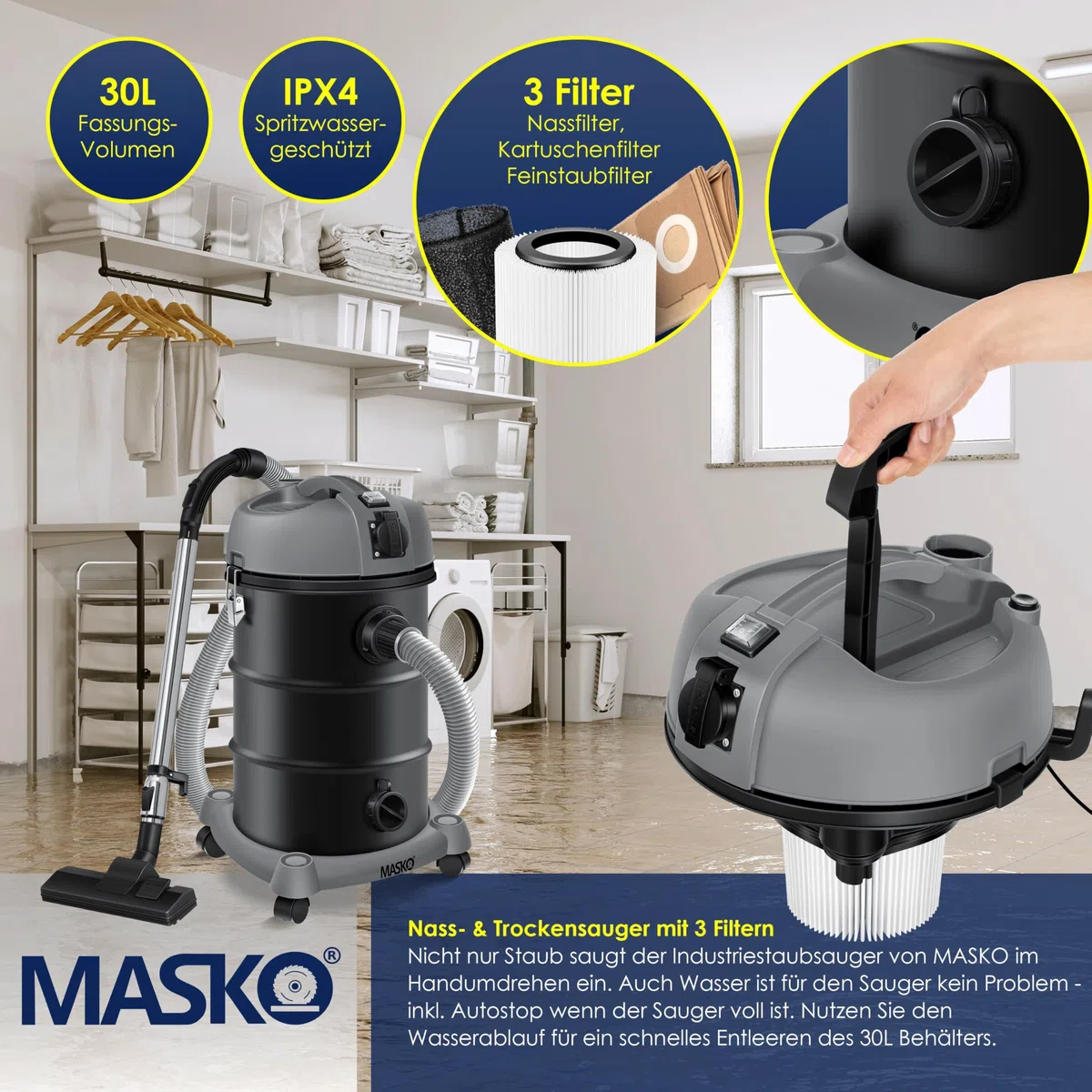Masko® Aspirapolvere industriale 6 in 1, 2300 W + presa ✓ Funzione soffiaggio ✓ Aspirazione a secco e a umido | Aspirapolvere industriale con e senza sacchetto, Grigio
