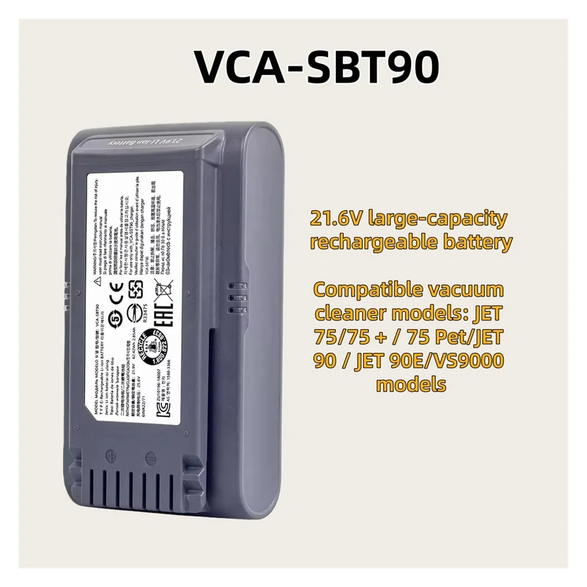 Batteria Ricaricabile di Grande capacità VCA-SBT90, Compatibile con Samsung Jet 75/75+ / 75 Pet/Jet 90 / Jet 90E / VS9000 Modello L'aspirapolvere 21,9 V