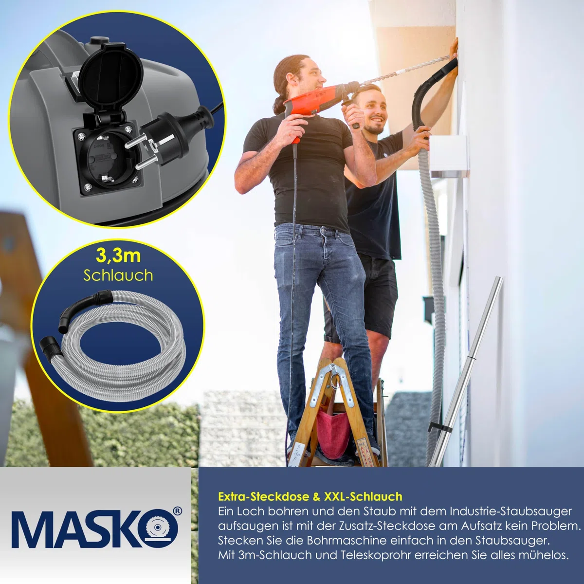 Masko® Aspirapolvere industriale 6 in 1, 2300 W + presa ✓ Funzione soffiaggio ✓ Aspirazione a secco e a umido | Aspirapolvere industriale con e senza sacchetto, Grigio