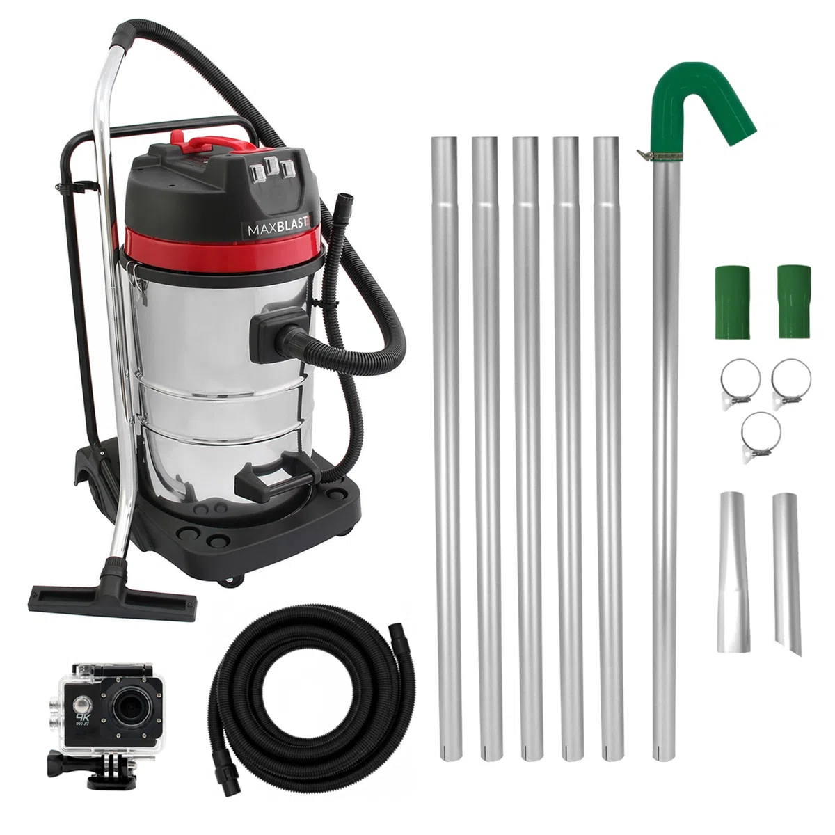 Sistema pulizia grondaie 80L: aspiratore umido/secco, aste 7,2m (1,2m–7,2m), tubo 5m, telecamera 4K, zoom 4x, grandangolo, motore 3000W, accessori e borsa inclusi