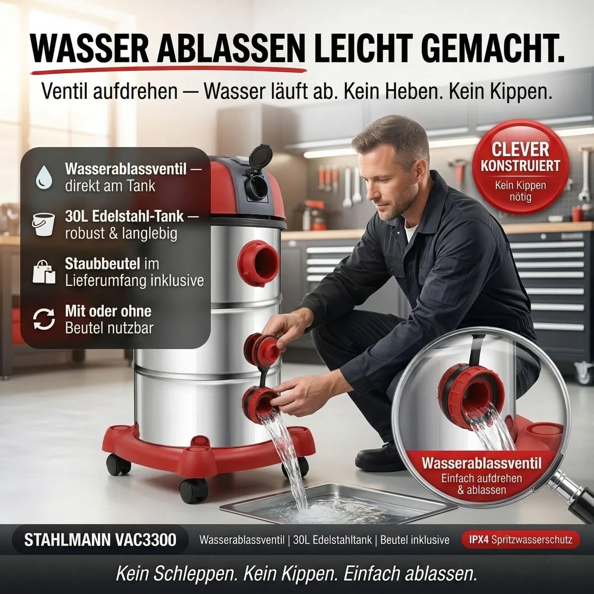 STAHLMANN VAC3300 - Aspirapolvere industriale, aspiratore a secco, serbatoio 30 l, presa integrata, potente 3300 W, con e senza sacchetto, funzione soffio, attacco macchina