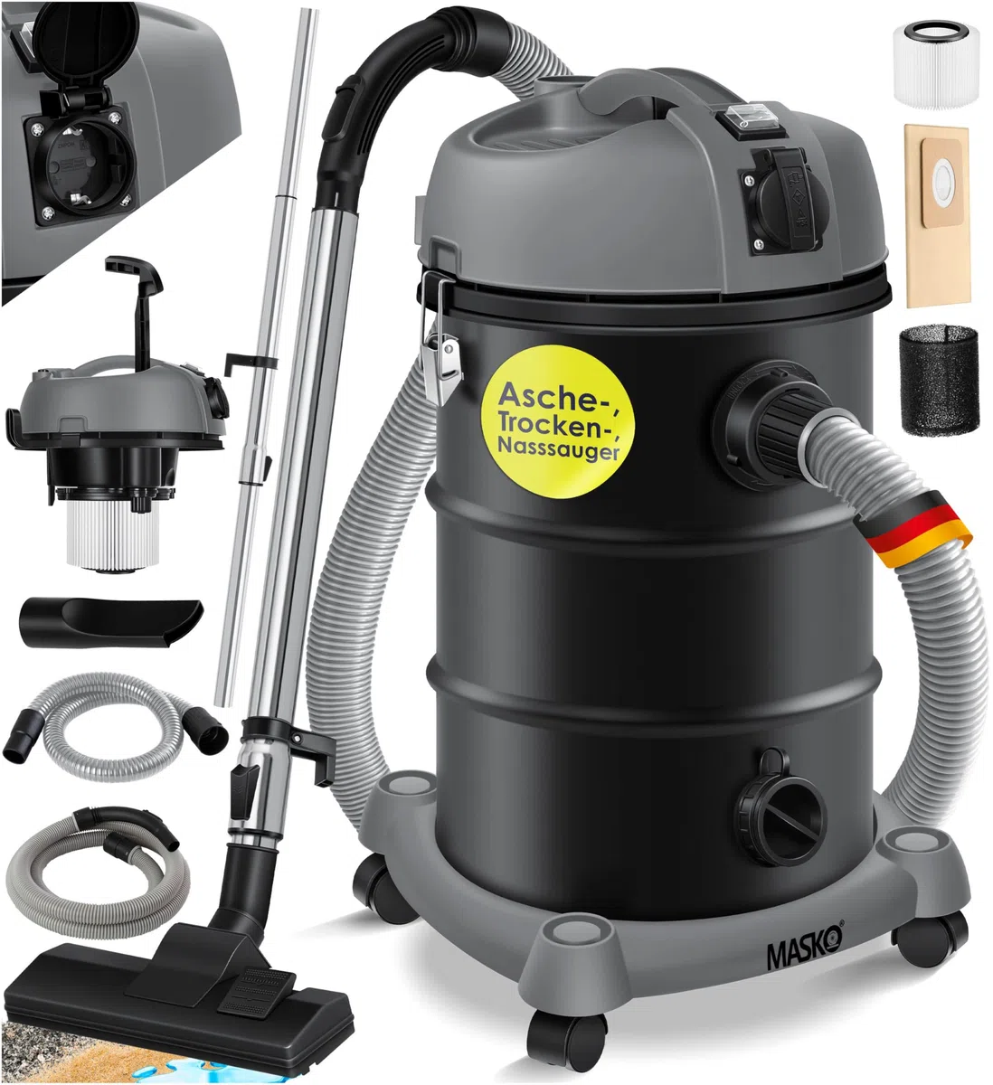 Masko® Aspirapolvere industriale 6 in 1, 2300 W + presa ✓ Funzione soffiaggio ✓ Aspirazione a secco e a umido | Aspirapolvere industriale con e senza sacchetto, Grigio