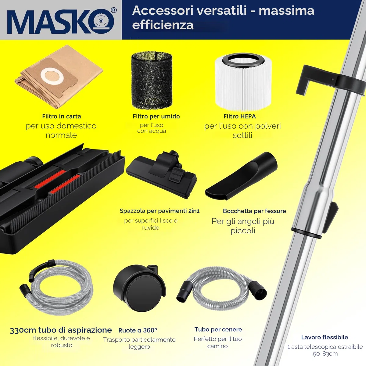 Masko® Aspirapolvere industriale 6 in 1, 2300 W + presa ✓ Funzione soffiaggio ✓ Aspirazione a secco e a umido | Aspirapolvere industriale con e senza sacchetto, Grigio