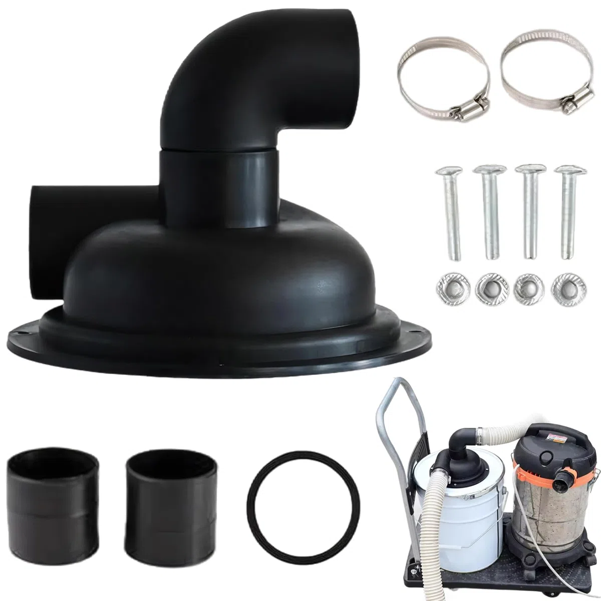 Coperchio di ciclone della polvere con gomito, coperchio del separatore nero 197mm, tappo del separatore ciclone PP pre-perforato per il sistema a vuoto, accessori per collezionisti di polvere