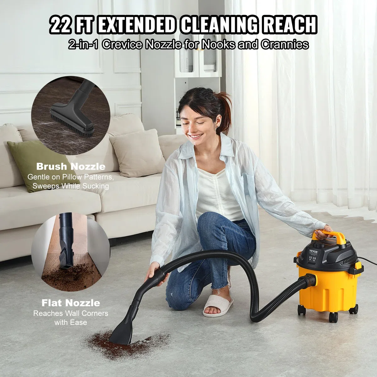 VEVOR Aspirapolvere per umidi asciutti capienza ca. 10 litri, Aspirapolvere portatile 2,5 HP max, Aspirazione con ugello a rotelle, Aspirapolvere per moquette, detriti, peli animali domestici, giallo