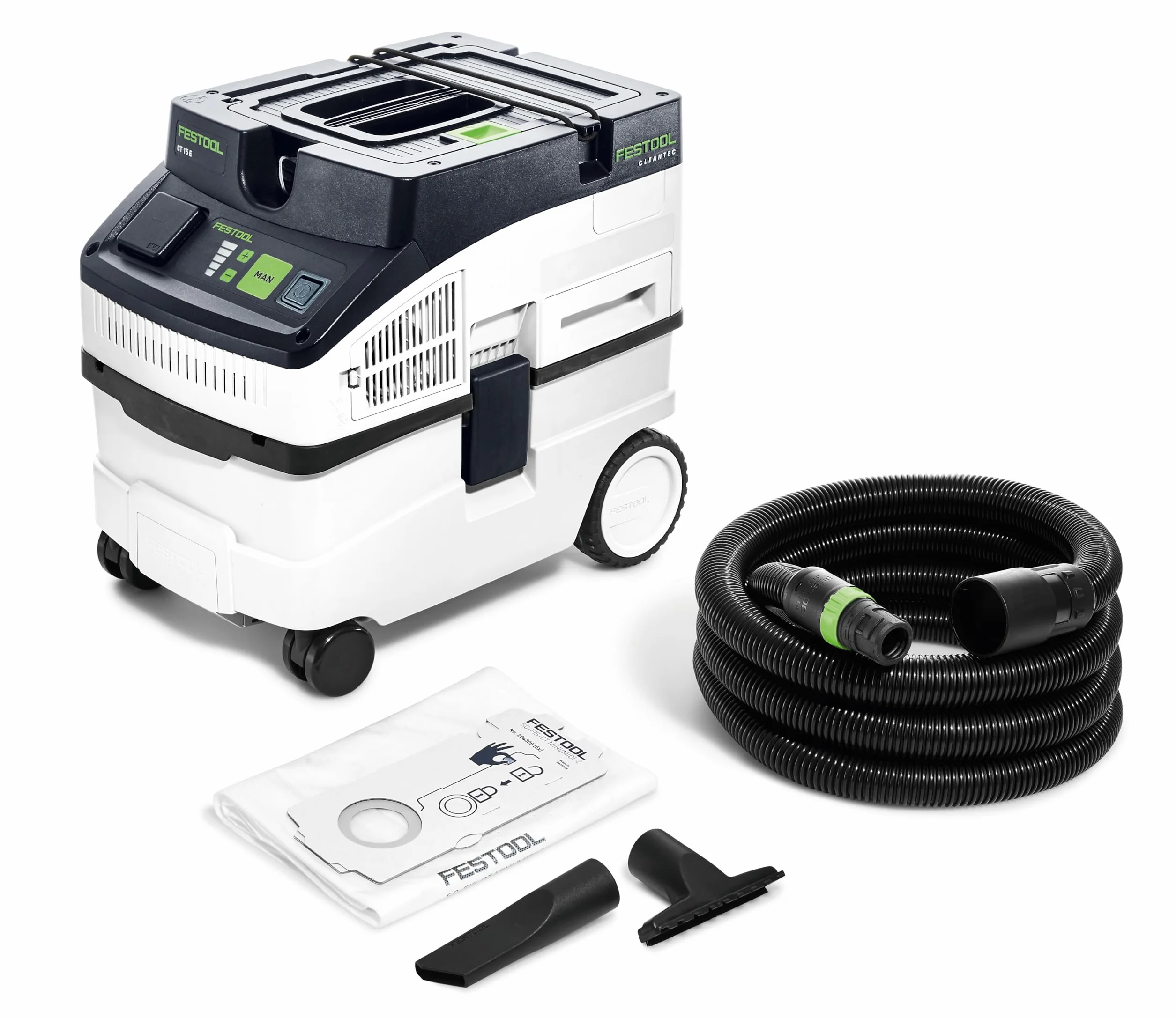 Festool Cleantec CT 15 E - Aspirapolvere a umido e secco, contenitore da 15 l, compatto e mobile, con accessori, funzione antistatica, ideale per officina, cantiere e auto