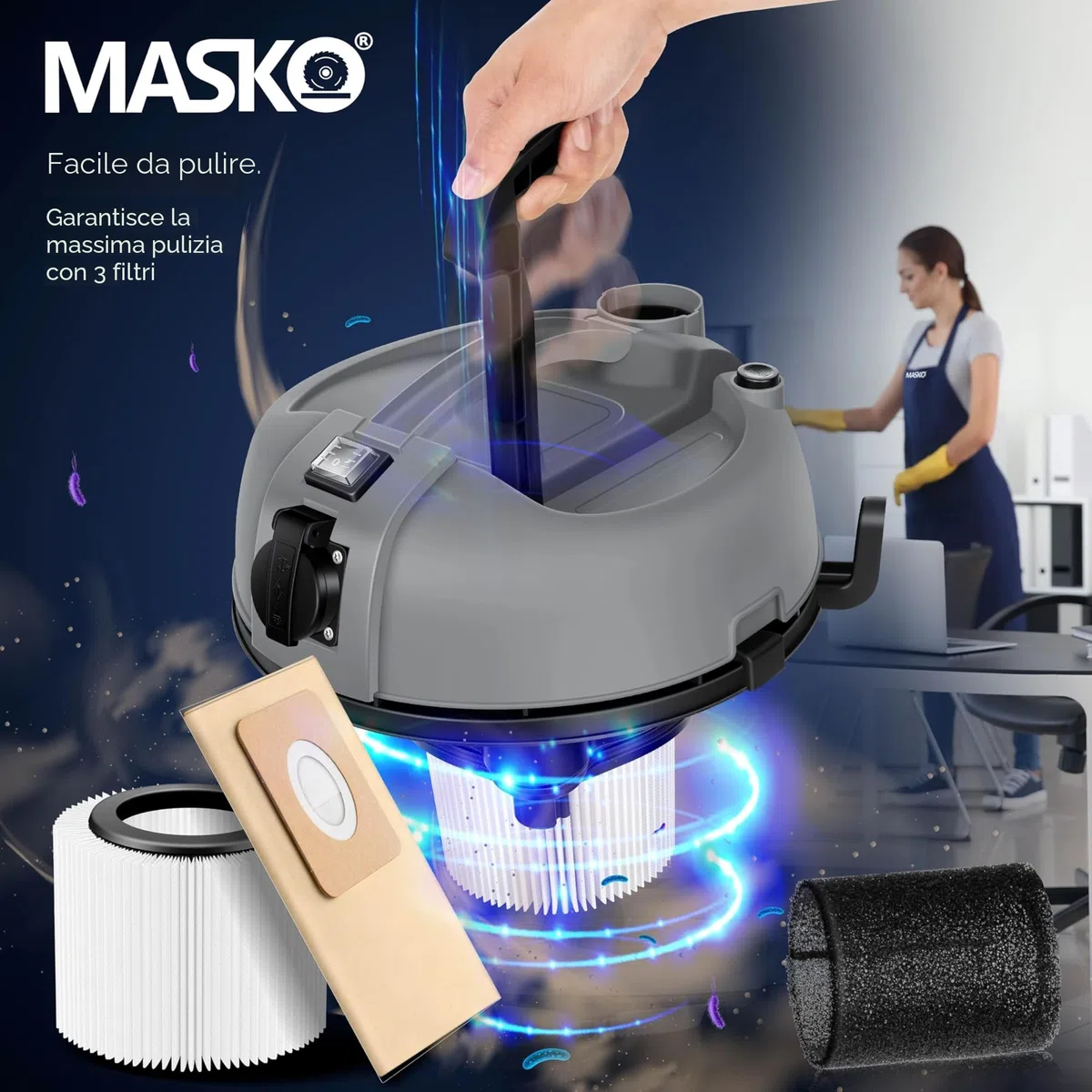 Masko® Aspirapolvere industriale 6 in 1, 2300 W + presa ✓ Funzione soffiaggio ✓ Aspirazione a secco e a umido | Aspirapolvere industriale con e senza sacchetto, Grigio
