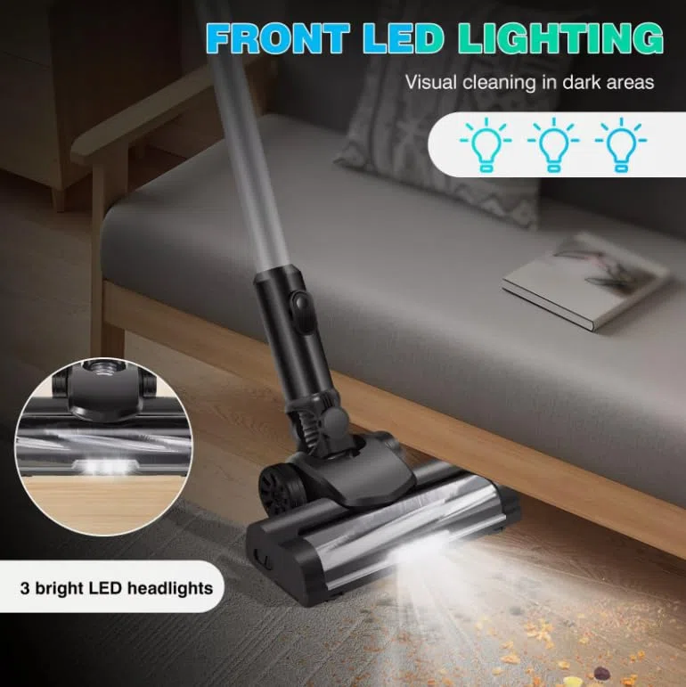 Potente aspirapolvere a Batteria 150KPa con 75Min Runtime.Motore Senza Spazzola 3600W, filtrazione HEPA e luci a LED per i Capelli degli Animali Domestici.Pulitore Leggero Senza Sacco per Pavimenti e