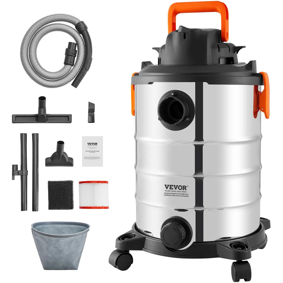 VEVOR Aspirapolvere per umidi secchi 30 L, Aspirapolvere portatile in acciaio inox per officina garage, 6 HP max, Aspirazione con ugello, rotelle, per tappeti, detriti, peli di animali, Nero argento