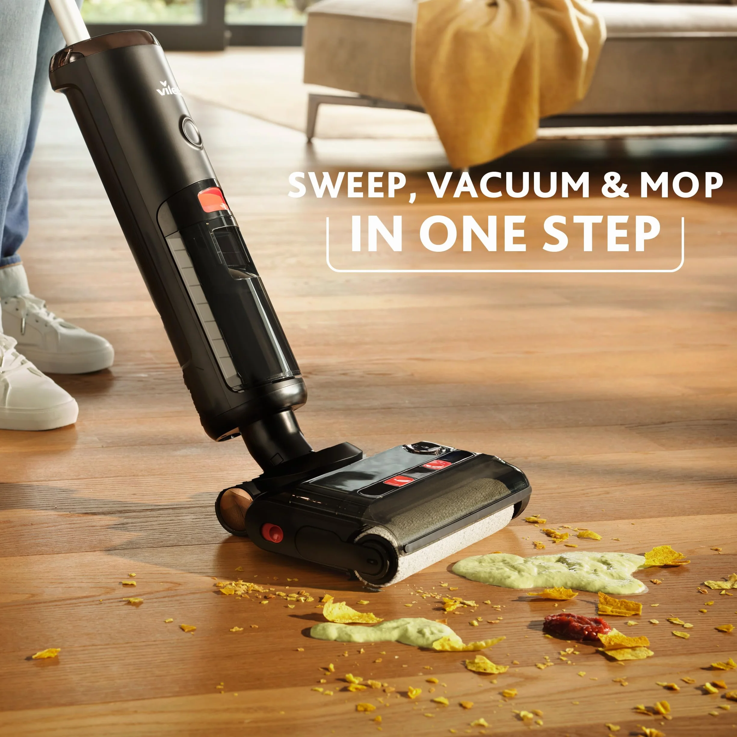 Vileda PureClean S5 - Aspirapolvere a secco con accessori (2 rotelle, 2 filtri), senza fili a batteria con doppio serbatoio e separazione dell'acqua al 100%, leggero, per tutti i pavimenti, 180 m² con