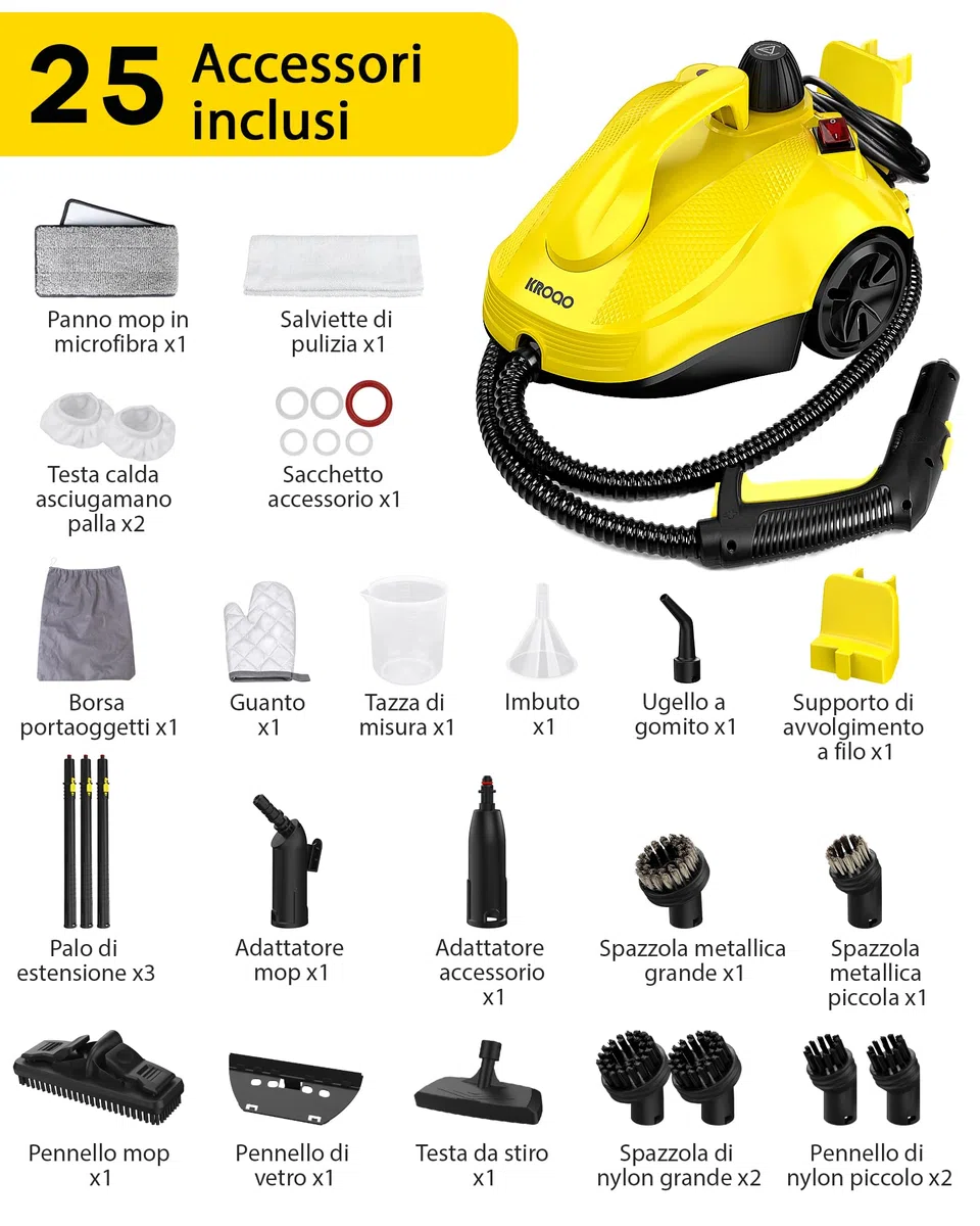Pulitore a vapore da 1500 W con 24 accessori con cavo da 5 m, scopa a vapore senza sostanze chimiche per piastrelle e fughe, piano cottura, cappa, divano, tappezzeria auto e finestre