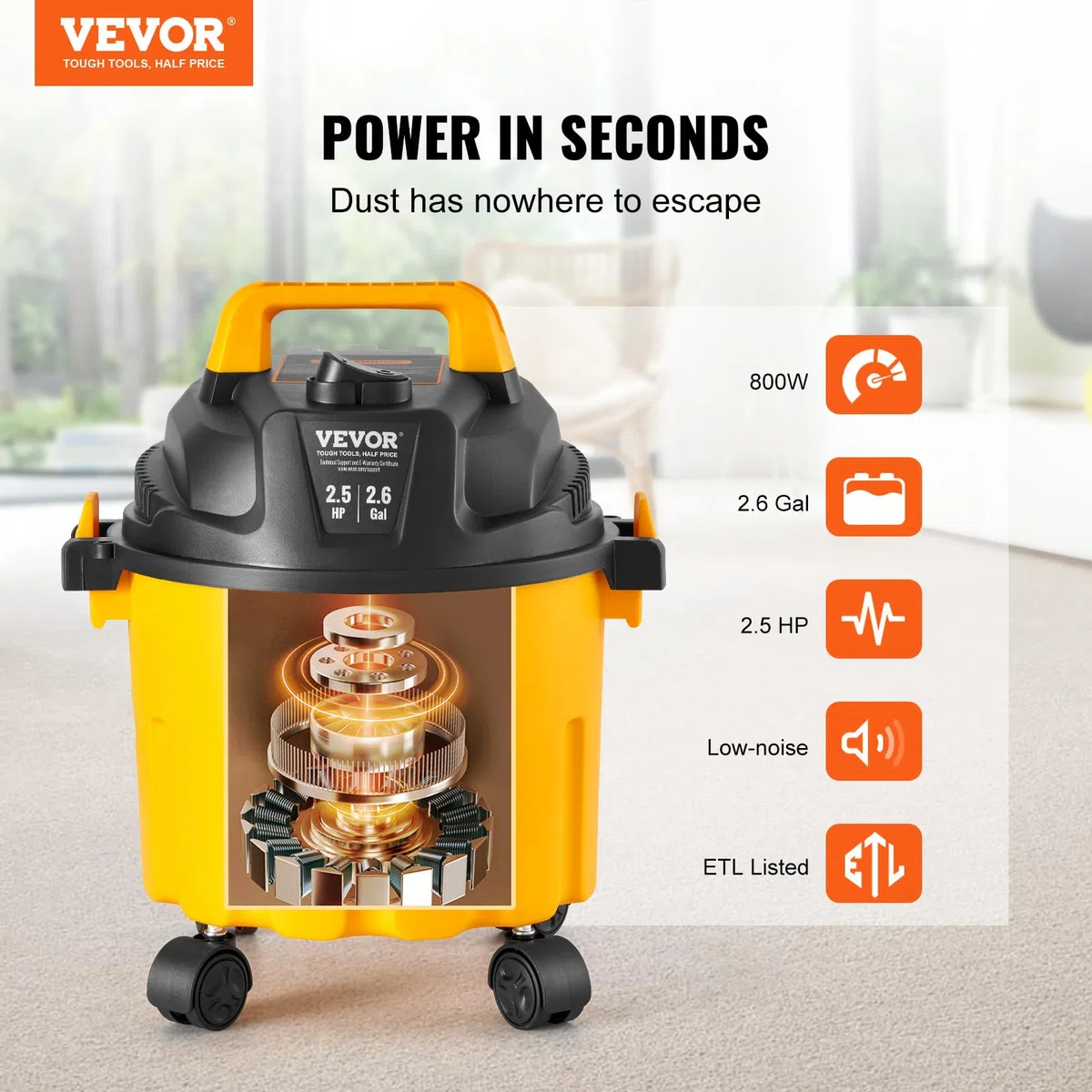 VEVOR Aspirapolvere per umidi asciutti capienza ca. 10 litri, Aspirapolvere portatile 2,5 HP max, Aspirazione con ugello a rotelle, Aspirapolvere per moquette, detriti, peli animali domestici, giallo