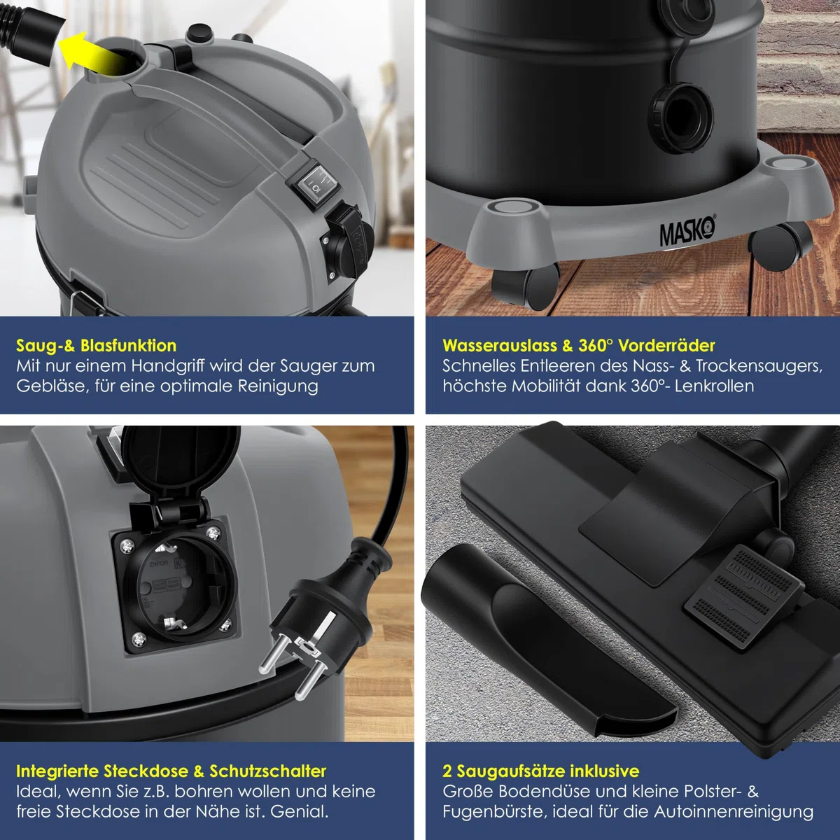 Masko® Aspirapolvere industriale 6 in 1, 2300 W + presa ✓ Funzione soffiaggio ✓ Aspirazione a secco e a umido | Aspirapolvere industriale con e senza sacchetto, Grigio