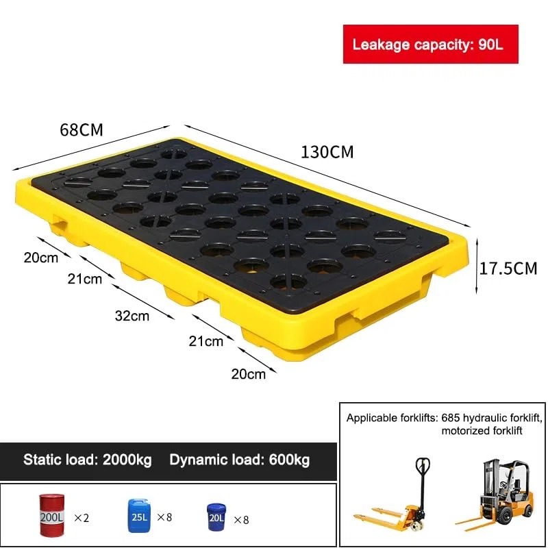 Pallet industriale di contenimento delle fuoriuscite per fusti di petrolio, vassoio giallo resistente, 130 x 68 x 17,5 cm, efficiente stoccaggio di liquidi e controllo delle fuoriuscite, 1 pezzo