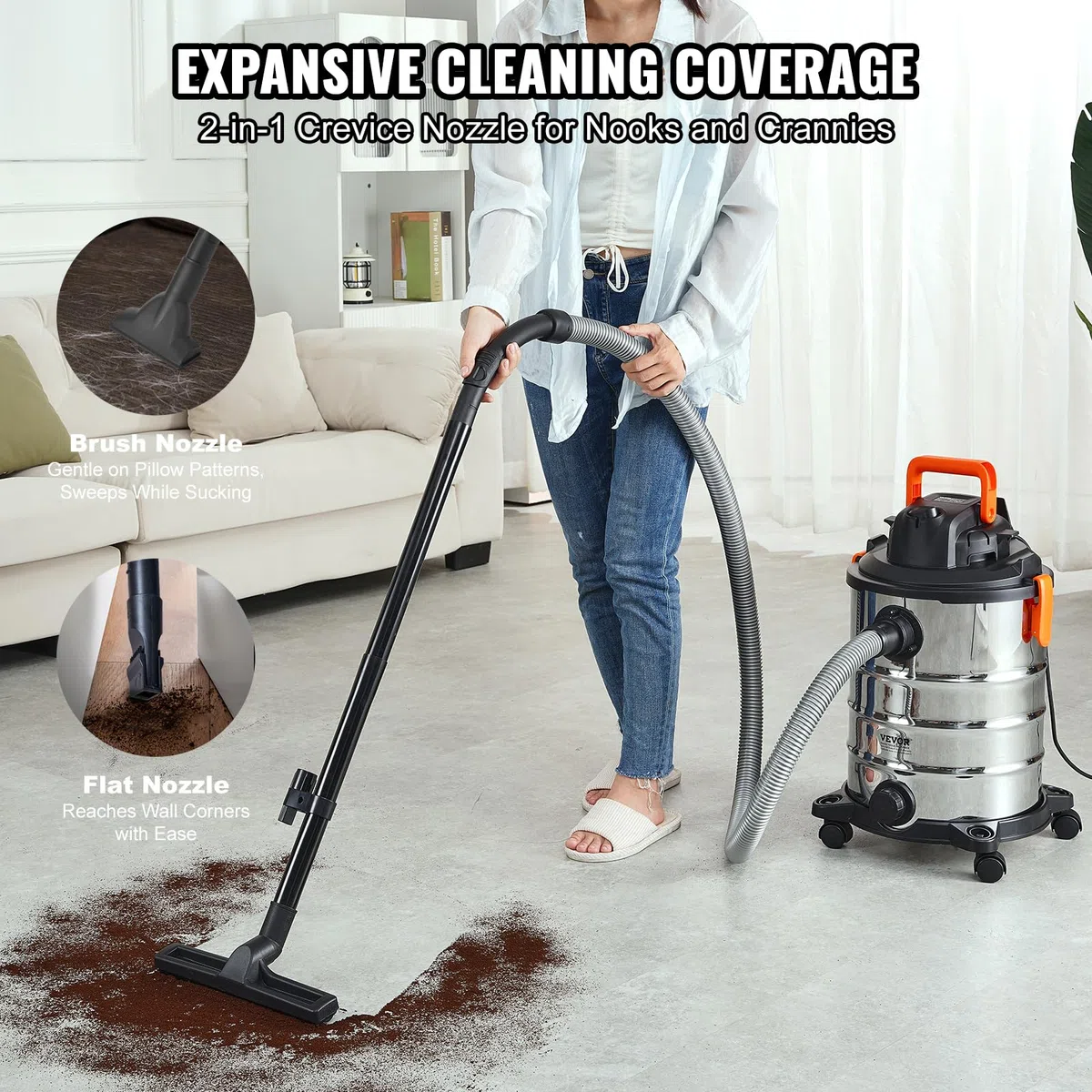 VEVOR Aspirapolvere per umidi secchi 30 L, Aspirapolvere portatile in acciaio inox per officina garage, 6 HP max, Aspirazione con ugello, rotelle, per tappeti, detriti, peli di animali, Nero argento