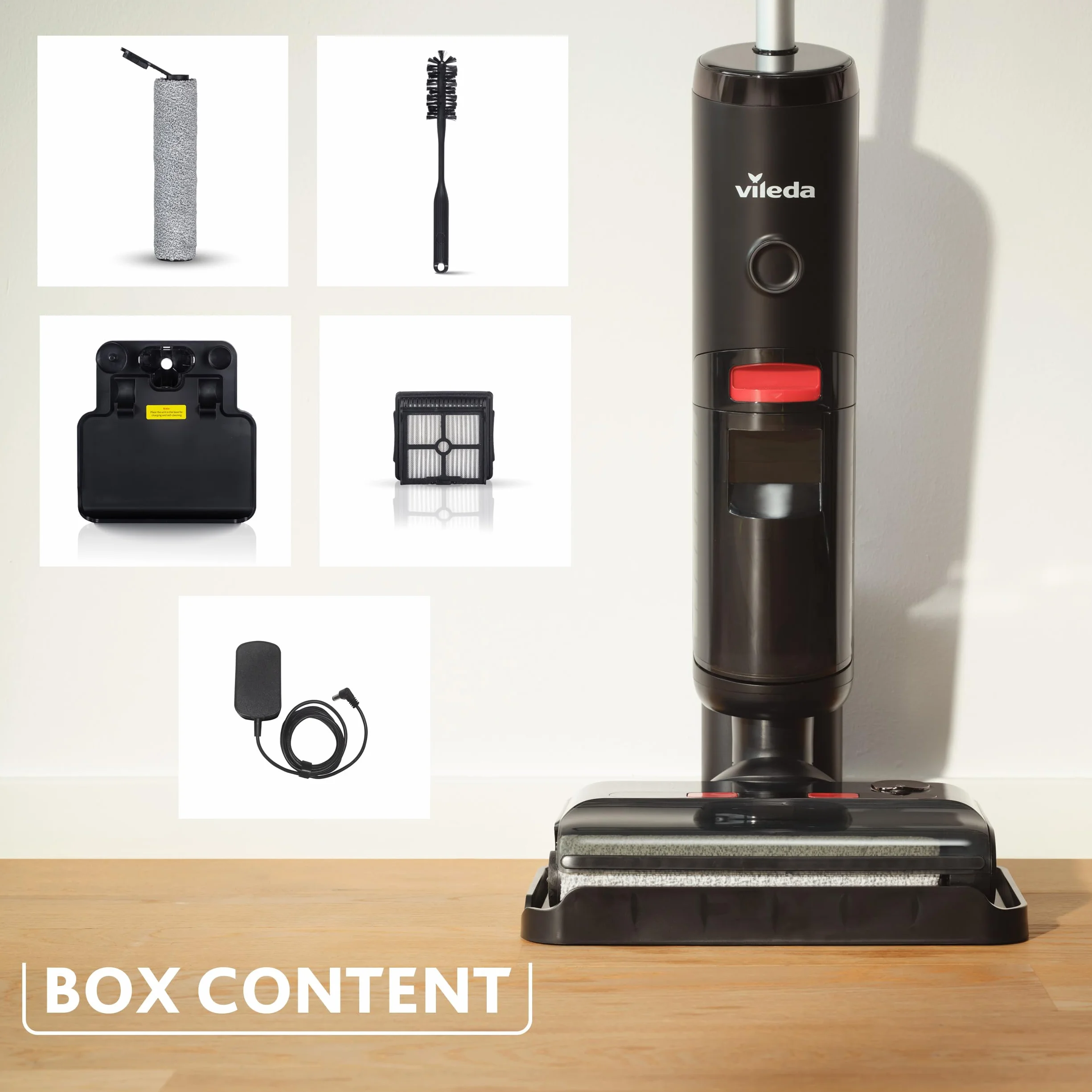 Vileda PureClean S5 - Aspirapolvere a secco con accessori (2 rotelle, 2 filtri), senza fili a batteria con doppio serbatoio e separazione dell'acqua al 100%, leggero, per tutti i pavimenti, 180 m² con