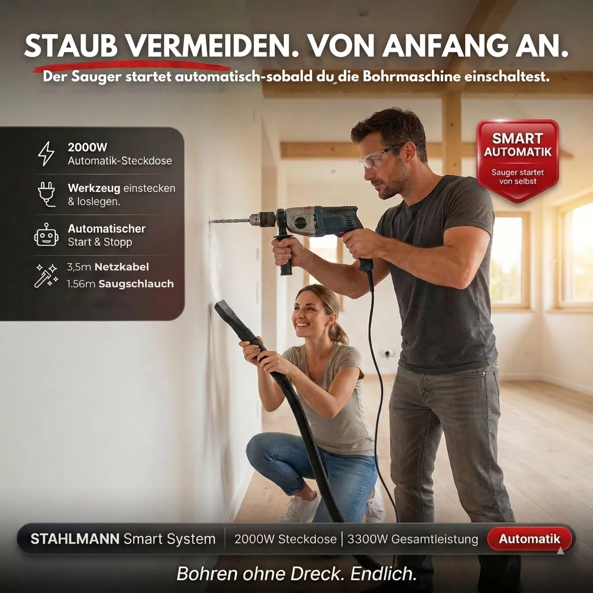 STAHLMANN VAC3300 - Aspirapolvere industriale, aspiratore a secco, serbatoio 30 l, presa integrata, potente 3300 W, con e senza sacchetto, funzione soffio, attacco macchina