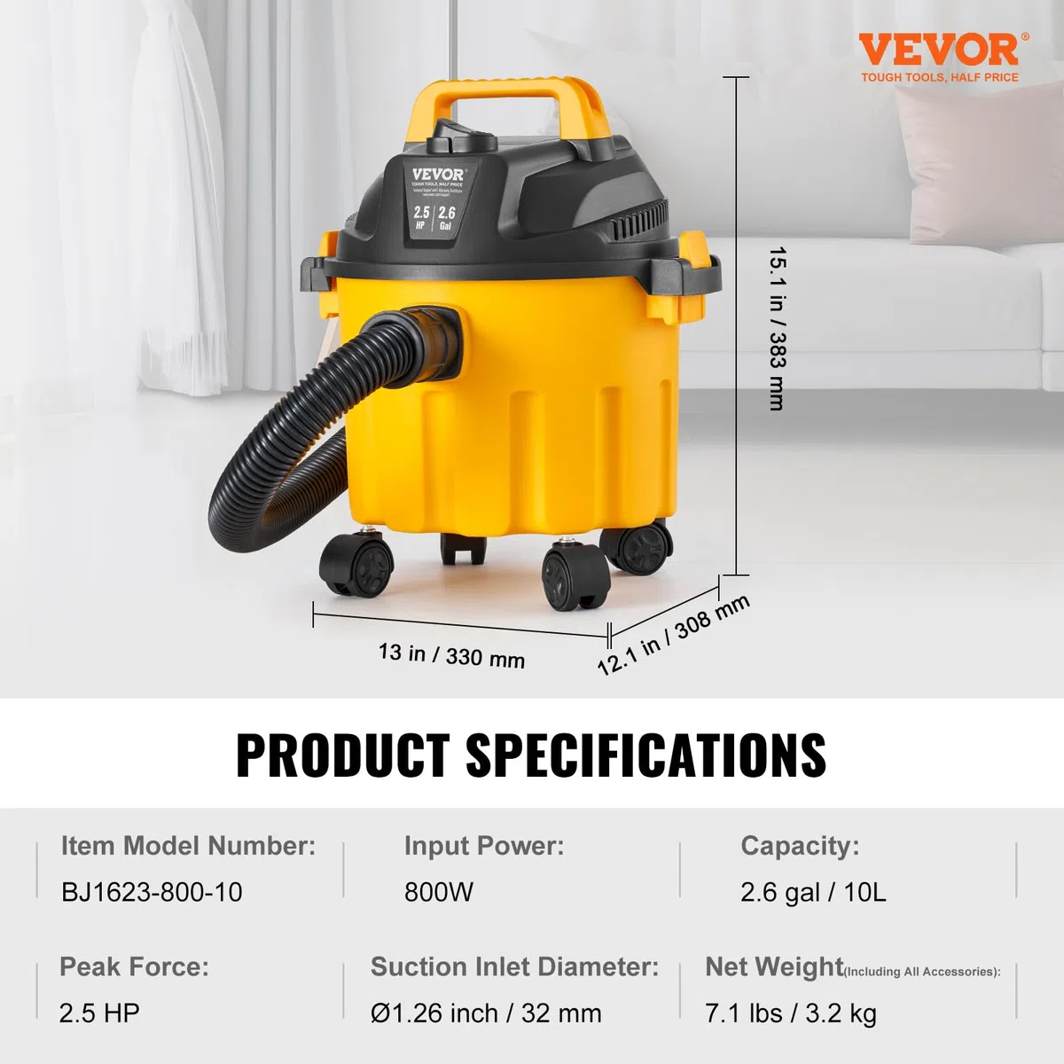 VEVOR Aspirapolvere per umidi asciutti capienza ca. 10 litri, Aspirapolvere portatile 2,5 HP max, Aspirazione con ugello a rotelle, Aspirapolvere per moquette, detriti, peli animali domestici, giallo