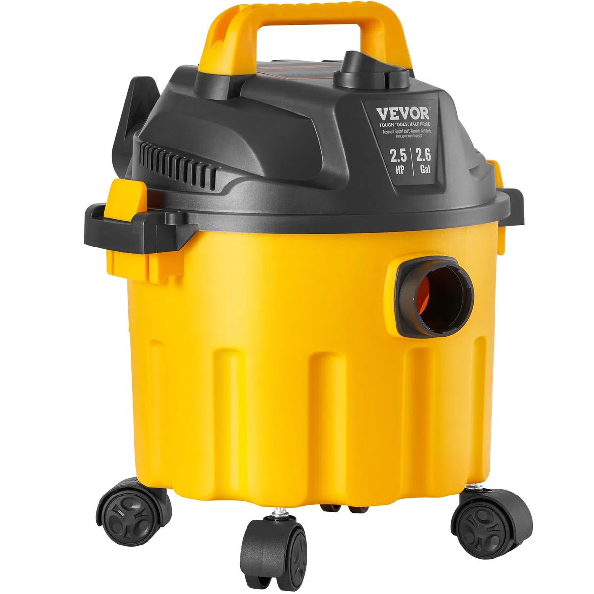 VEVOR Aspirapolvere per umidi asciutti capienza ca. 10 litri, Aspirapolvere portatile 2,5 HP max, Aspirazione con ugello a rotelle, Aspirapolvere per moquette, detriti, peli animali domestici, giallo