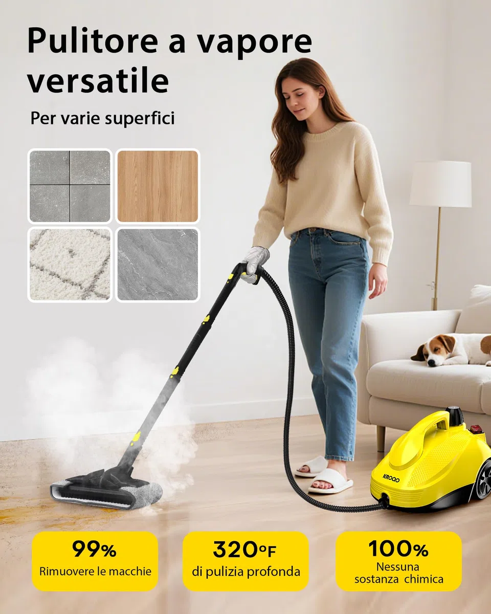 Pulitore a vapore da 1500 W con 24 accessori con cavo da 5 m, scopa a vapore senza sostanze chimiche per piastrelle e fughe, piano cottura, cappa, divano, tappezzeria auto e finestre