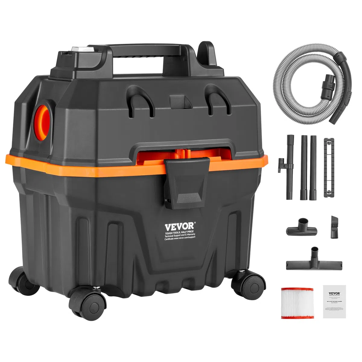 VEVOR Aspirapolvere per umidi asciutti 15 litri, Aspirapolvere portatile commerciale, 5 HP max., Aspirazione con ugello a rotelle, Aspirapolevere per tappeti, detriti, pelianimali domestici, Nero