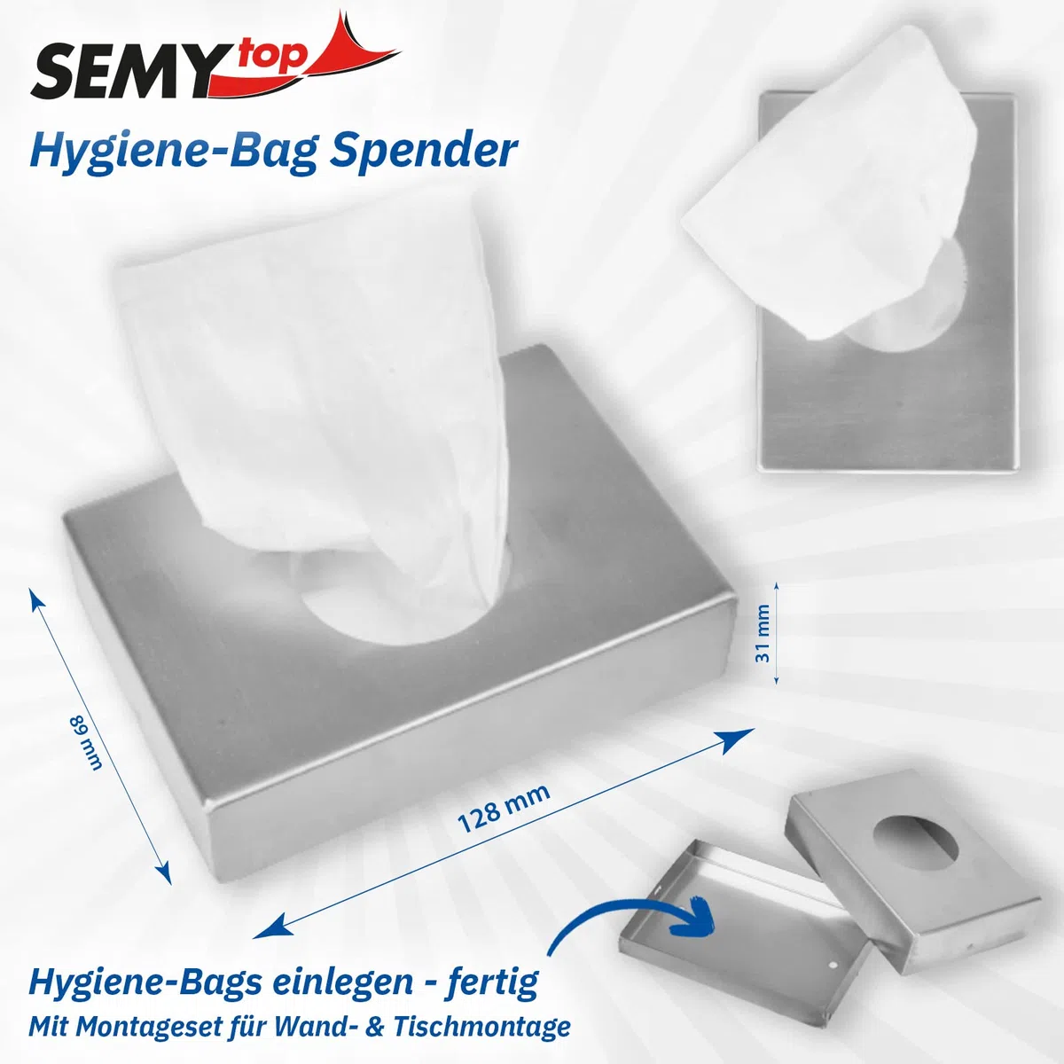 SemyTop ® Dispenser di sacchetti igienici, in acciaio inox, 89 x 128 x 31 mm, supporto di alta qualità per sacchetti igienici, dispenser di sacchetti igienici con kit di montaggio, sacchetti igienici