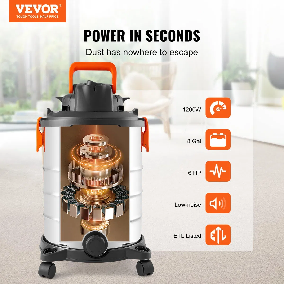 VEVOR Aspirapolvere per umidi secchi 30 L, Aspirapolvere portatile in acciaio inox per officina garage, 6 HP max, Aspirazione con ugello, rotelle, per tappeti, detriti, peli di animali, Nero argento