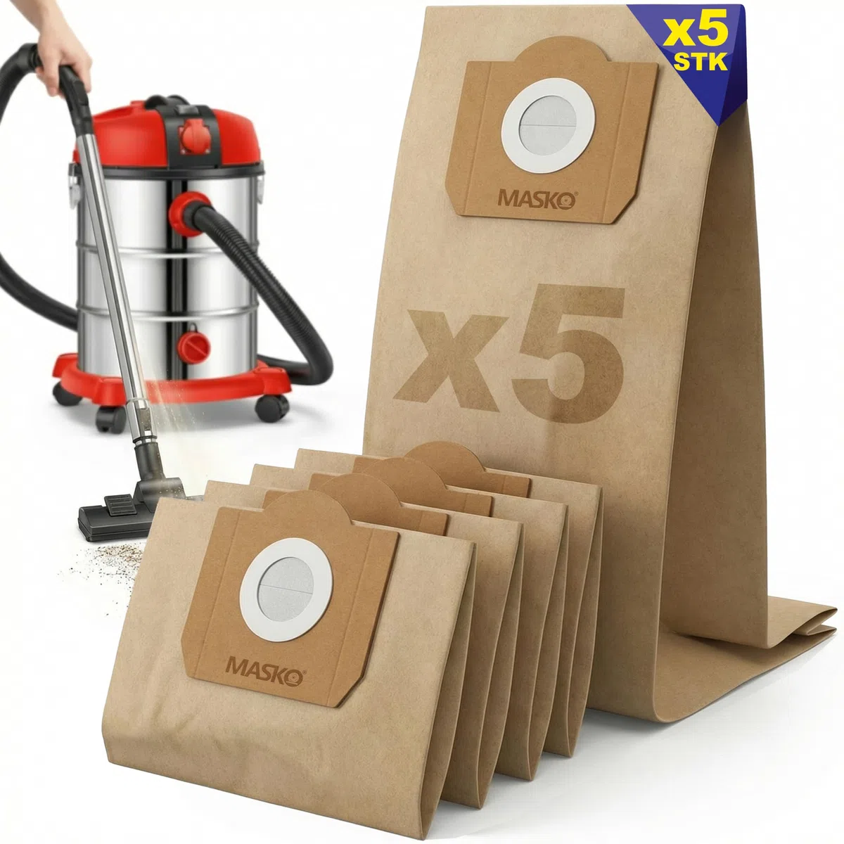 Masko® Aspirapolvere industriale Aspirapolvere Aspiratore per umido e secco, acciaio inox 2300W + presa elettrica funzione soffiatore Aspirazione secco e umido | Push&Clean (Beutel (5-er Set))