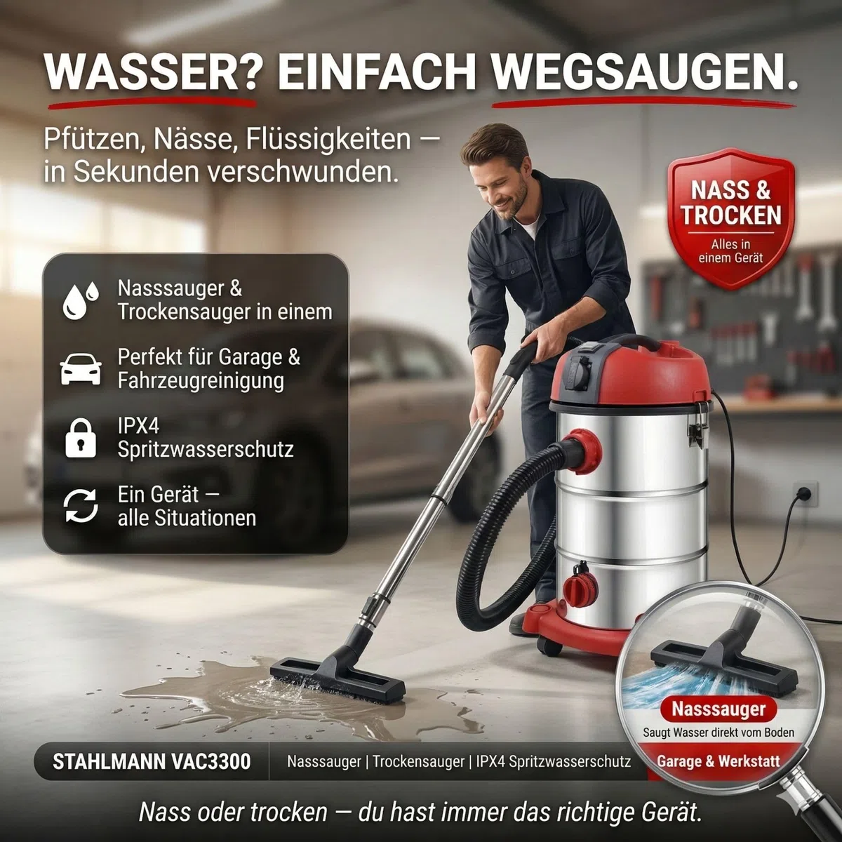 STAHLMANN VAC3300 - Aspirapolvere industriale, aspiratore a secco, serbatoio 30 l, presa integrata, potente 3300 W, con e senza sacchetto, funzione soffio, attacco macchina