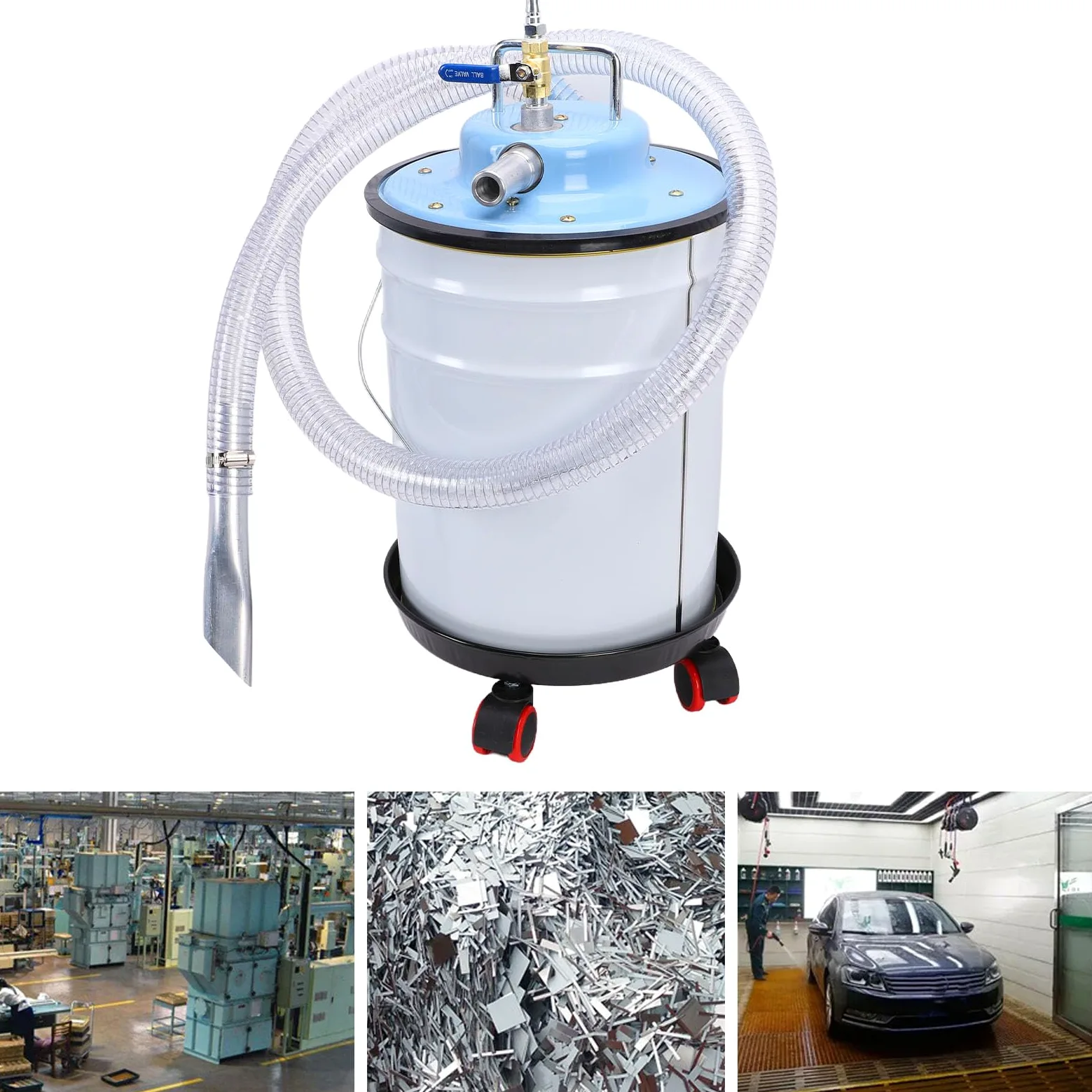 Aspirapolvere Pneumatico da 20 Litri Aspirazione Potente a Umido e a Secco per Uso Industriale Design in Acciaio Inossidabile con Ruote e 12 Accessori