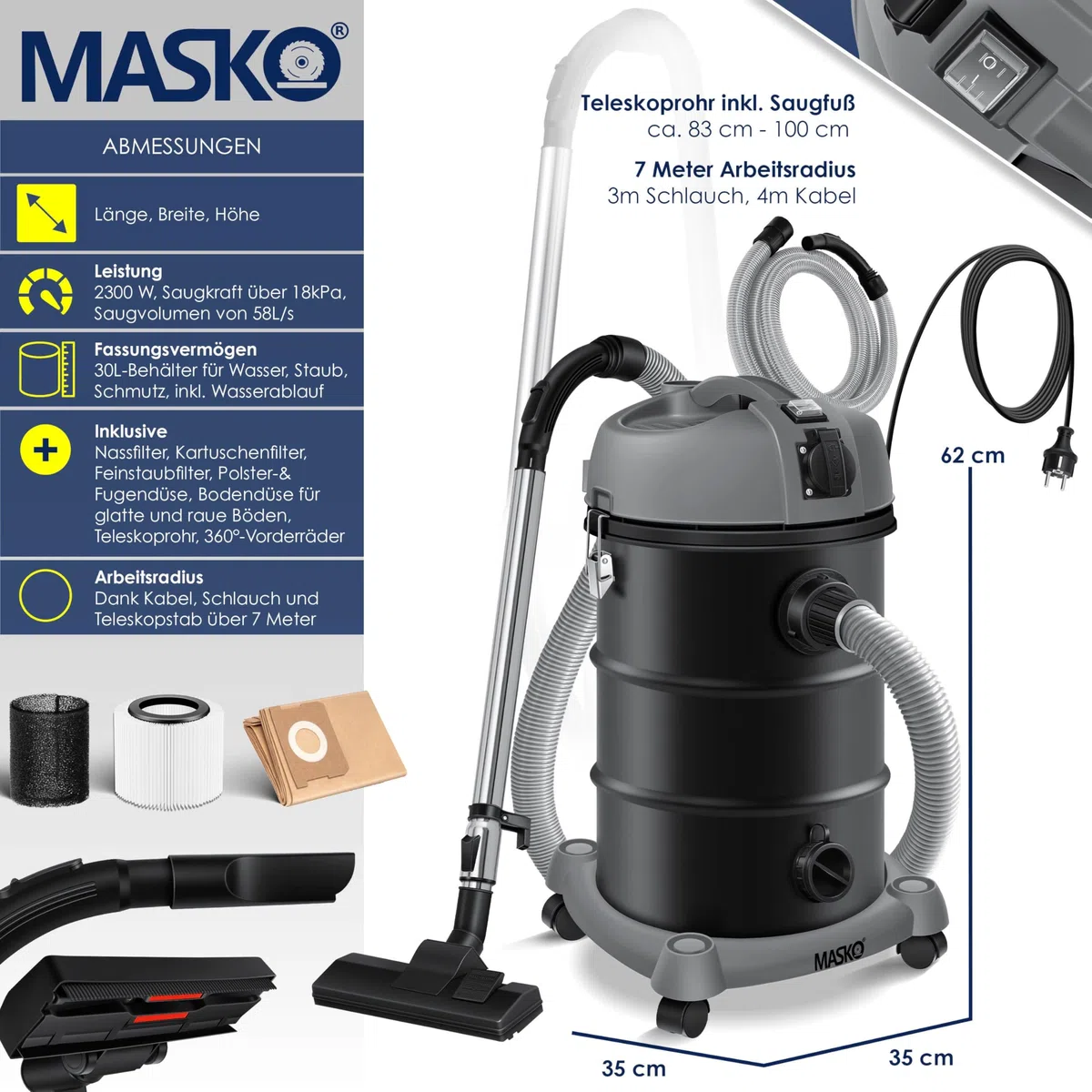 Masko® Aspirapolvere industriale 6 in 1, 2300 W + presa ✓ Funzione soffiaggio ✓ Aspirazione a secco e a umido | Aspirapolvere industriale con e senza sacchetto, Grigio