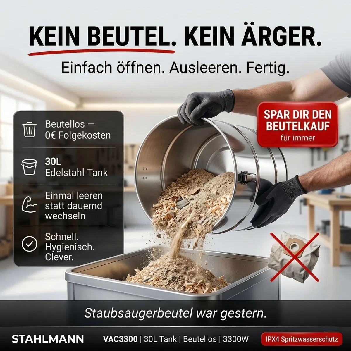 STAHLMANN VAC3300 - Aspirapolvere industriale, aspiratore a secco, serbatoio 30 l, presa integrata, potente 3300 W, con e senza sacchetto, funzione soffio, attacco macchina