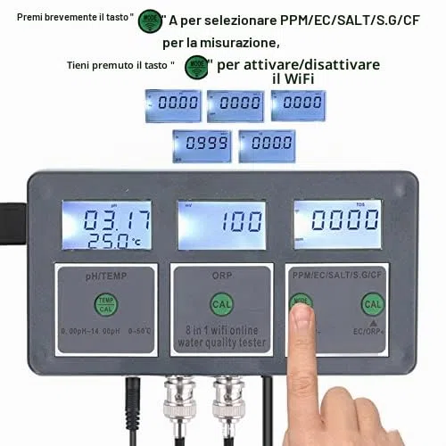 Fockety Tester di qualità dell'Acqua, 8 in 1 S.G PH EC Salt ORP TDS CF Temp Meter WiFi Online Digital Water Tester, Mobile App Monitoring 0,01 risoluzione PH Meter per Gli acquari Spas