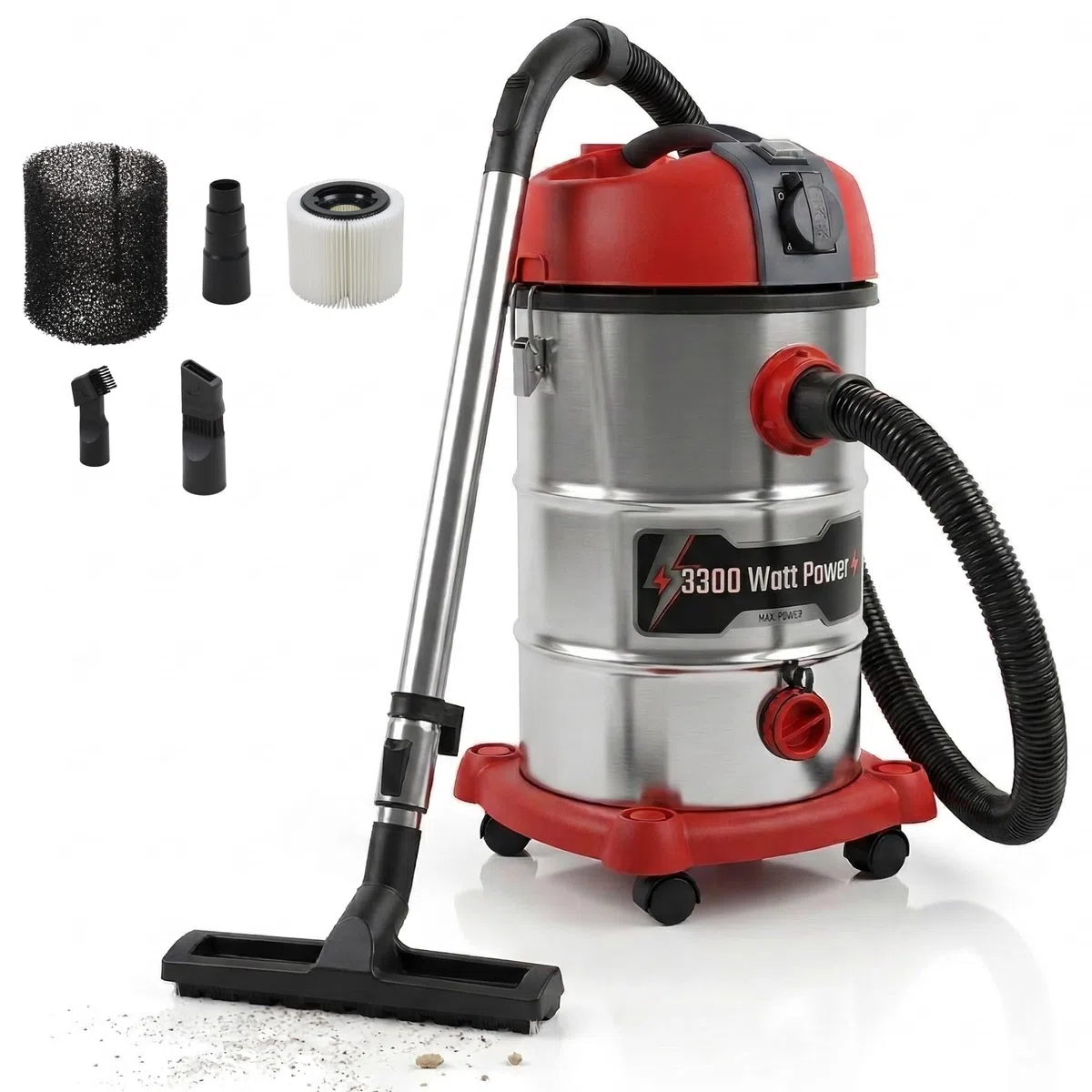 STAHLMANN VAC3300 - Aspirapolvere industriale, aspiratore a secco, serbatoio 30 l, presa integrata, potente 3300 W, con e senza sacchetto, funzione soffio, attacco macchina