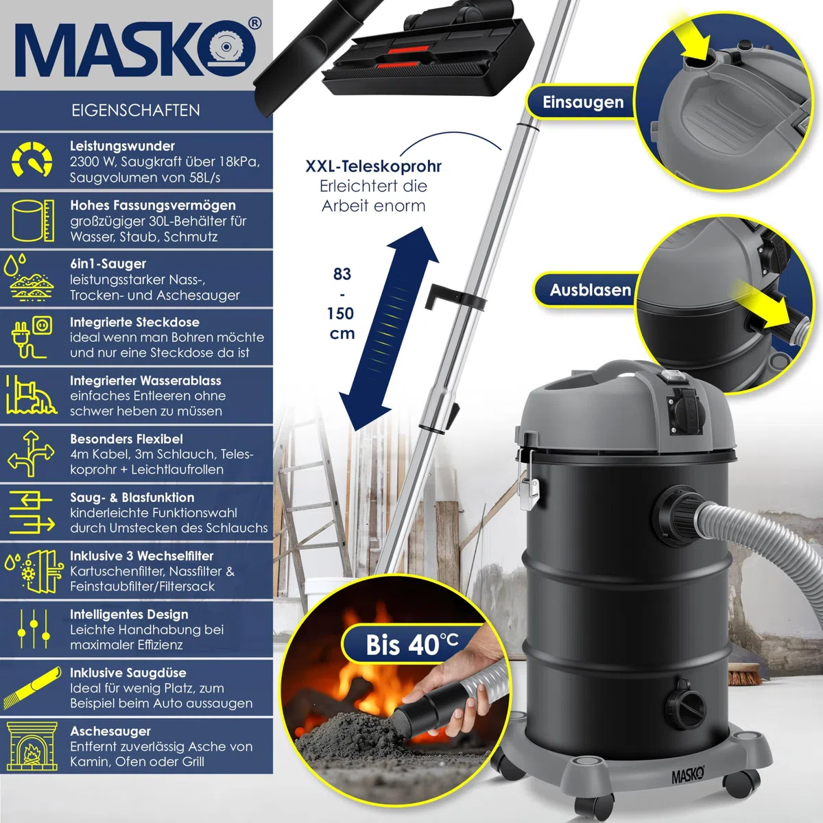 Masko® Aspirapolvere industriale 6 in 1, 2300 W + presa ✓ Funzione soffiaggio ✓ Aspirazione a secco e a umido | Aspirapolvere industriale con e senza sacchetto, Grigio