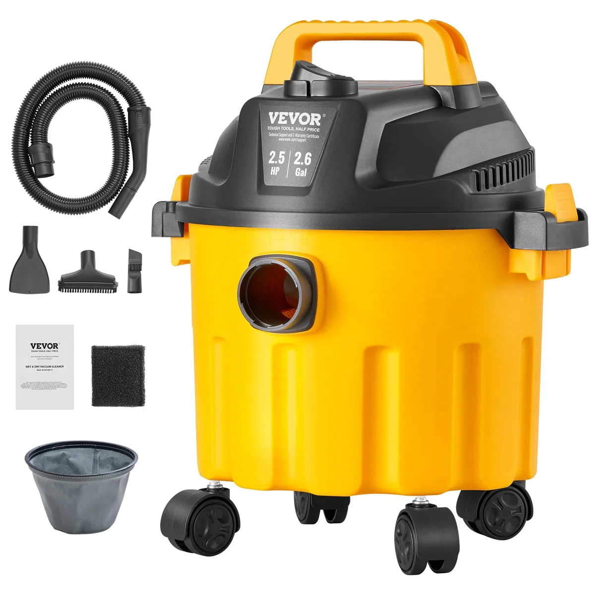 VEVOR Aspirapolvere per umidi asciutti capienza ca. 10 litri, Aspirapolvere portatile 2,5 HP max, Aspirazione con ugello a rotelle, Aspirapolvere per moquette, detriti, peli animali domestici, giallo