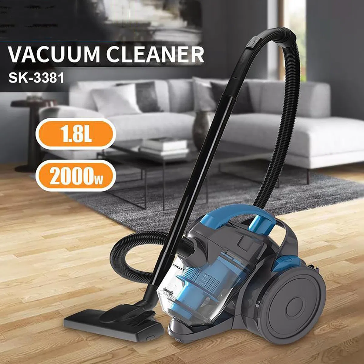 Potente aspirapolvere cilindrico senza sacchetto, aspirapolvere cablato 2000 W, capacità di 1,8 litri, aspirapolvere per la manutenzione del pavimento, basso rumore, pulizia multi-superficie