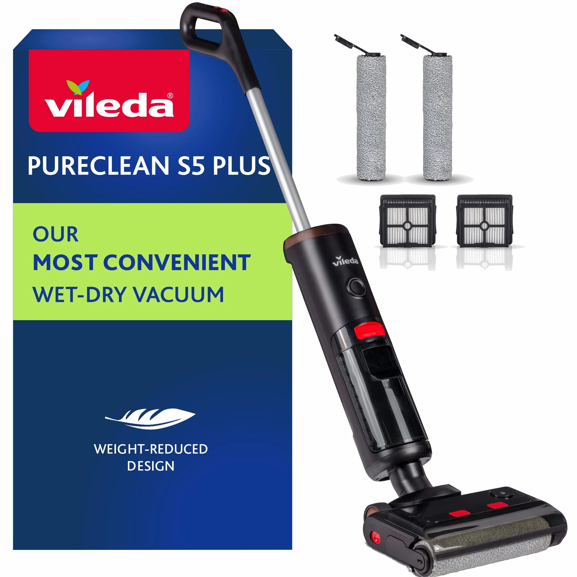 Vileda PureClean S5 - Aspirapolvere a secco con accessori (2 rotelle, 2 filtri), senza fili a batteria con doppio serbatoio e separazione dell'acqua al 100%, leggero, per tutti i pavimenti, 180 m² con