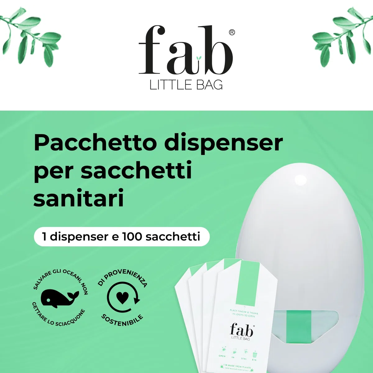 Fab Little Bag Unità dispenser per sacchetti igienici + confezione di ricarica da 100 sacchetti - Per uffici, hotel, bagni pubblici, palestre (1 x dispenser, 100 x sacchetti di ricarica)