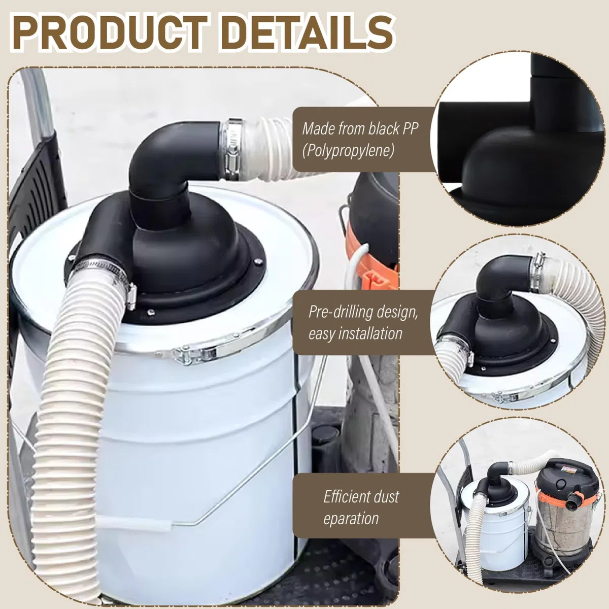 Coperchio di ciclone della polvere con gomito, coperchio del separatore nero 197mm, tappo del separatore ciclone PP pre-perforato per il sistema a vuoto, accessori per collezionisti di polvere