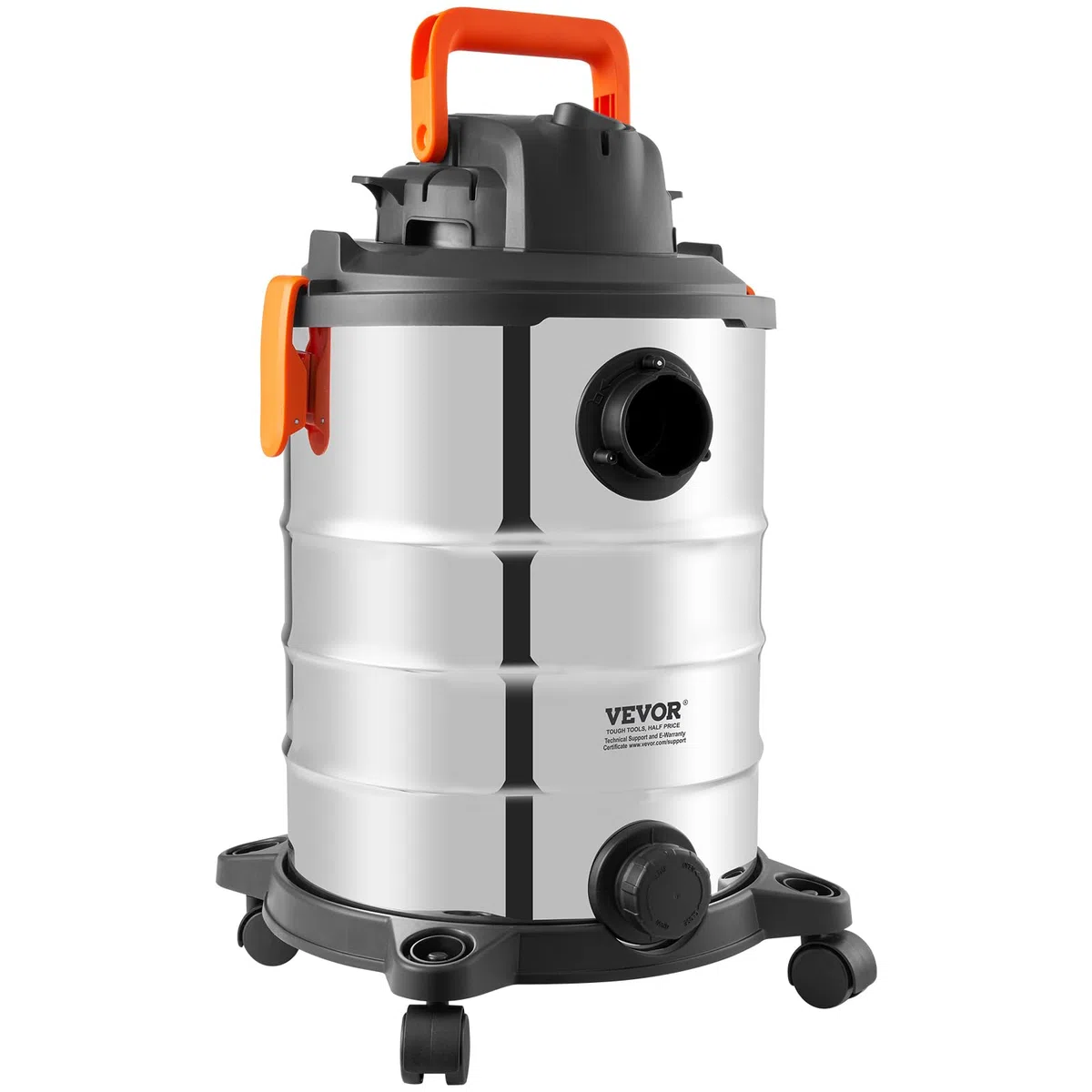 VEVOR Aspirapolvere per umidi secchi 30 L, Aspirapolvere portatile in acciaio inox per officina garage, 6 HP max, Aspirazione con ugello, rotelle, per tappeti, detriti, peli di animali, Nero argento