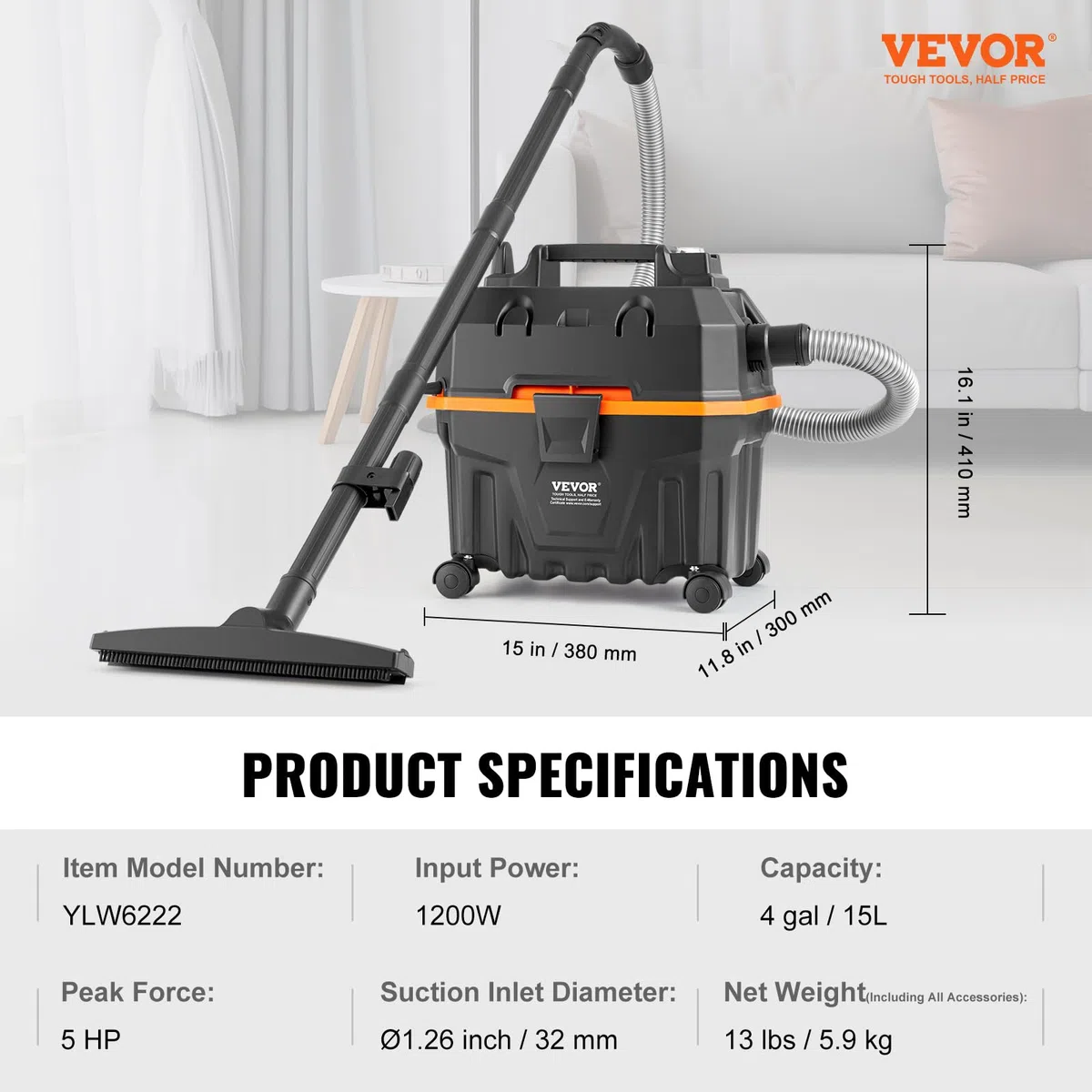 VEVOR Aspirapolvere per umidi asciutti 15 litri, Aspirapolvere portatile commerciale, 5 HP max., Aspirazione con ugello a rotelle, Aspirapolevere per tappeti, detriti, pelianimali domestici, Nero