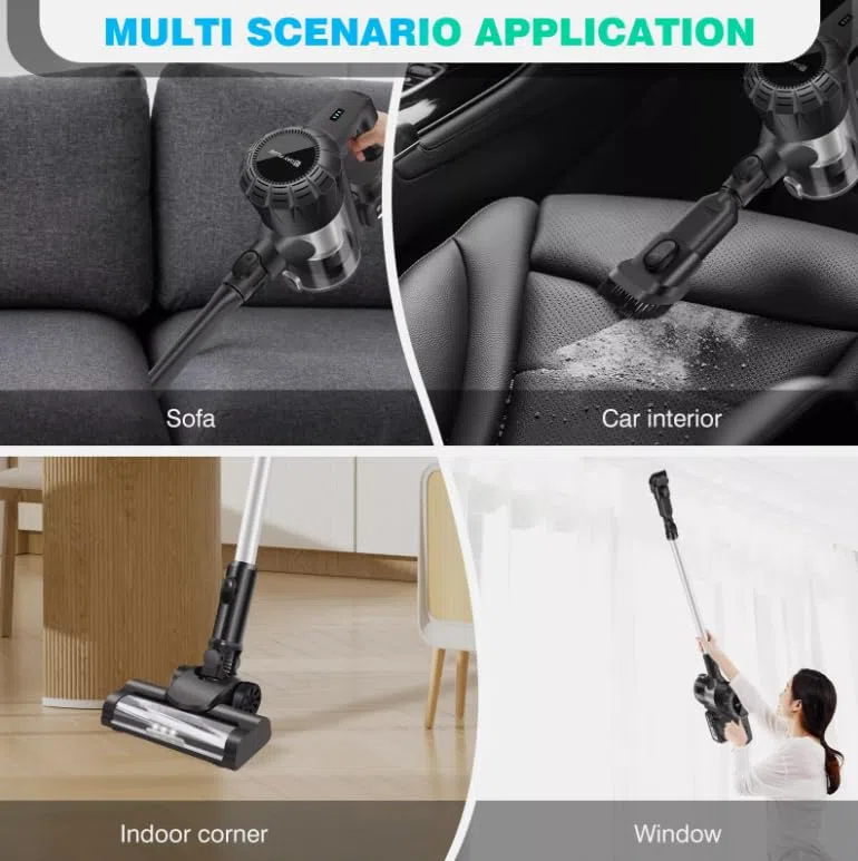 Potente aspirapolvere a Batteria 150KPa con 75Min Runtime.Motore Senza Spazzola 3600W, filtrazione HEPA e luci a LED per i Capelli degli Animali Domestici.Pulitore Leggero Senza Sacco per Pavimenti e