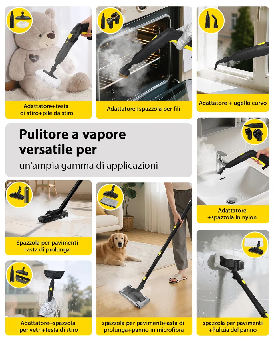 Pulitore a vapore da 1500 W con 24 accessori con cavo da 5 m, scopa a vapore senza sostanze chimiche per piastrelle e fughe, piano cottura, cappa, divano, tappezzeria auto e finestre