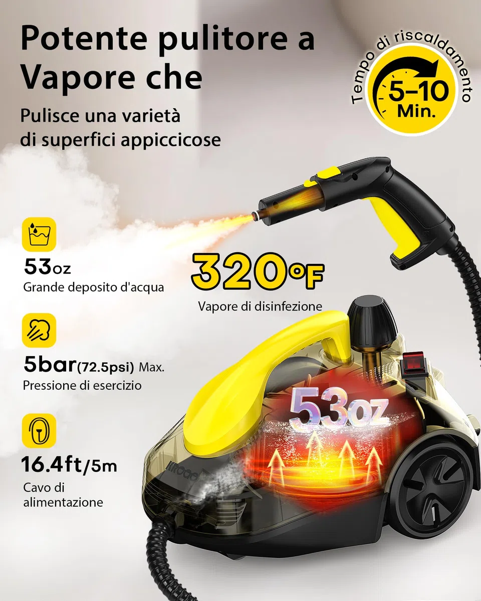 Pulitore a vapore da 1500 W con 24 accessori con cavo da 5 m, scopa a vapore senza sostanze chimiche per piastrelle e fughe, piano cottura, cappa, divano, tappezzeria auto e finestre