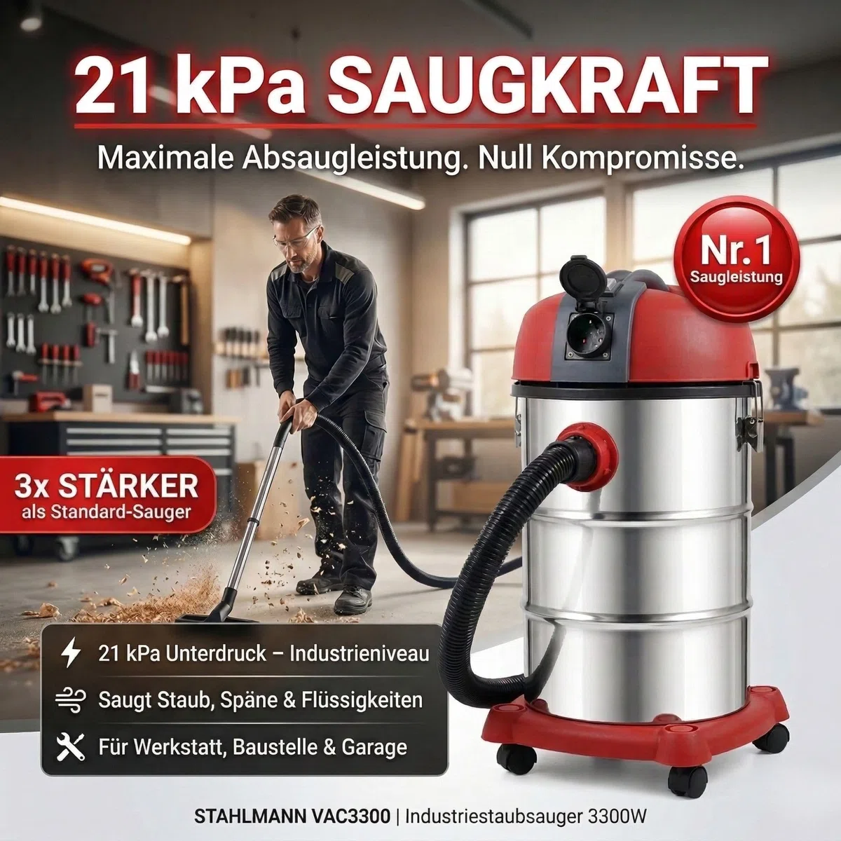 STAHLMANN VAC3300 - Aspirapolvere industriale, aspiratore a secco, serbatoio 30 l, presa integrata, potente 3300 W, con e senza sacchetto, funzione soffio, attacco macchina